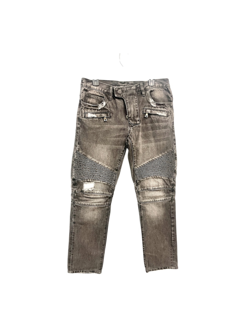 $1490 Balmain slim fit biker jeans featuring a grey stonewash color men size 34